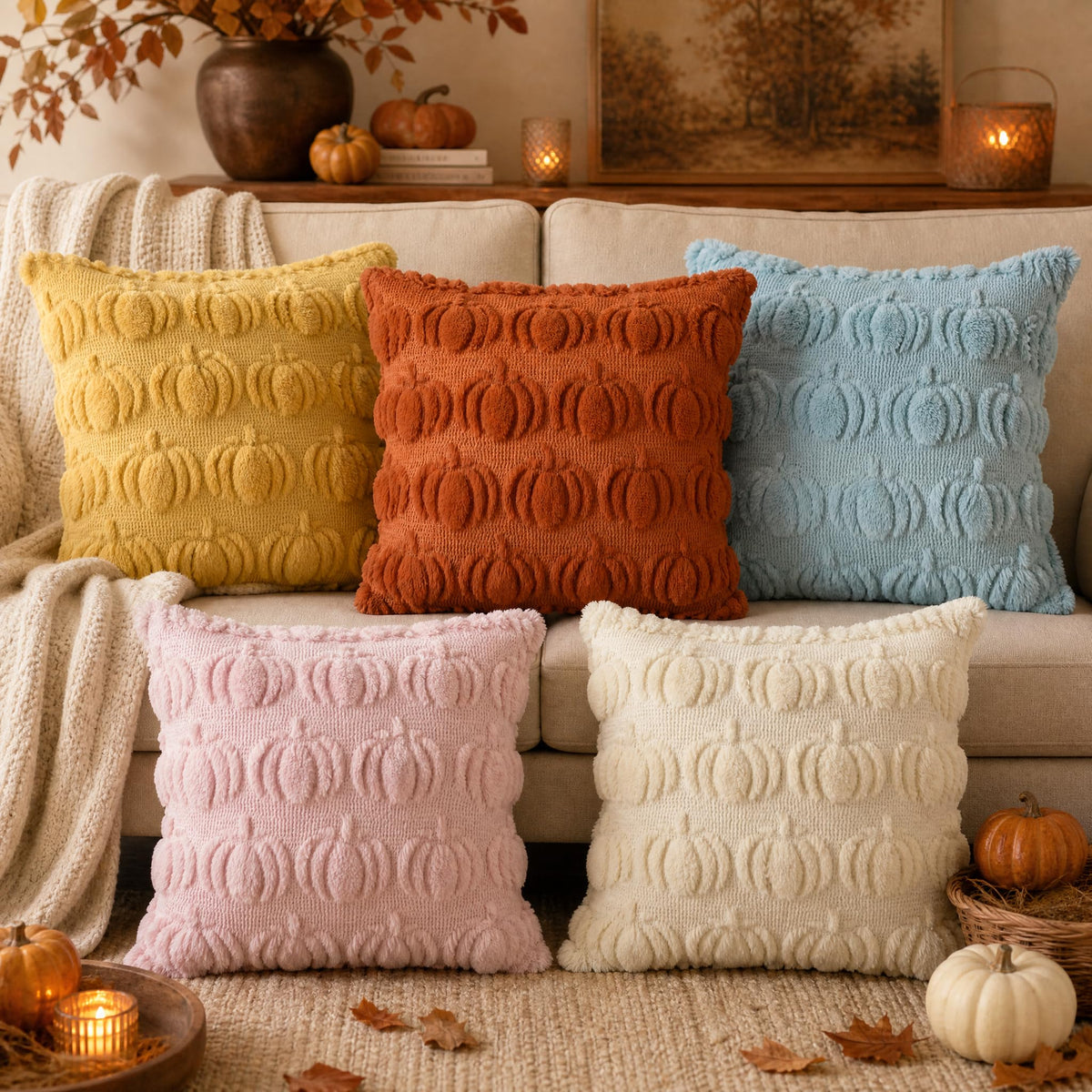 AVOIN colorlife Fall Pumpkin Caramel Throw Pillow Covers, 20 x 20 Inch Autumn Thanksgiving Harvest Soft Plush Faux Fur Jacquard Cushion Case Decoration for Sofa Couch Set of 2