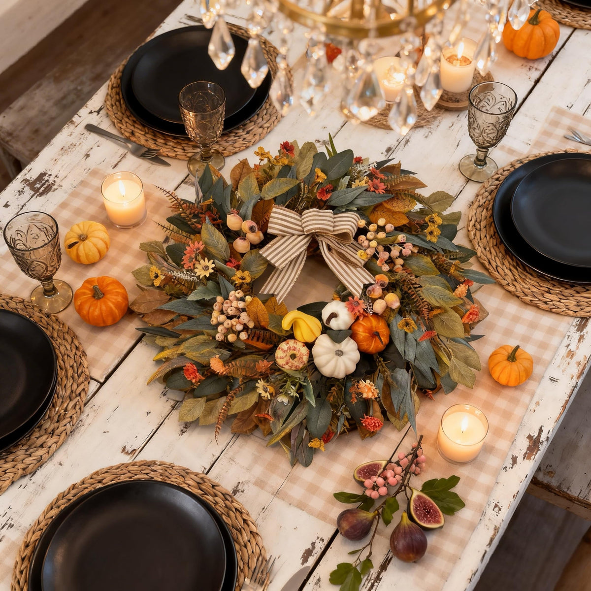 HipTree 24 Inch Fall Wreath for Front Door | Autumn Pumpkin Wreath with Eucalyptus Leaves, Frosted Berries & Striped Bow, Rustic Farmhouse Thanksgiving Decor for Indoor Outdoor Porch Wall Home