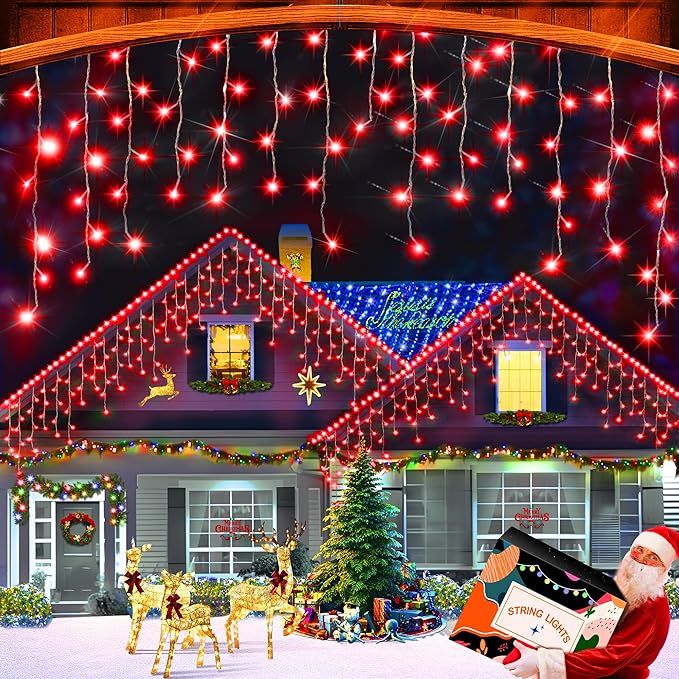 XURISEN 132ft Christmas Lights Decorations Outdoor, 1280 LED 8 Modes Fairy Lights with 240 Drops,Plug in Waterproof Timer Memory Function for Christmas Holiday Wedding Party Decor(Red)