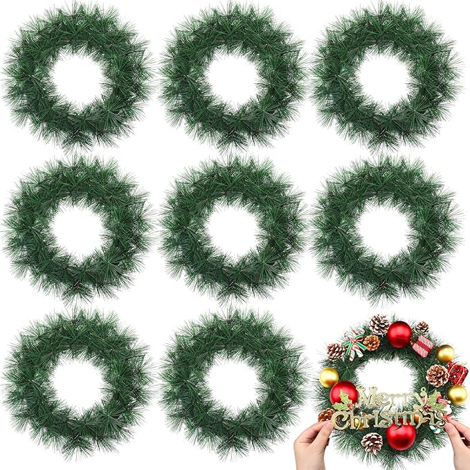 Zeyune Christmas DIY Green Wreath 14 Inch Artificial Christmas Wreaths Faux Plain Wreaths for Decorating Front Door Window Room Farmhouse Xmas Party Indoor Outdoor(Pine Needle,8 Pcs)