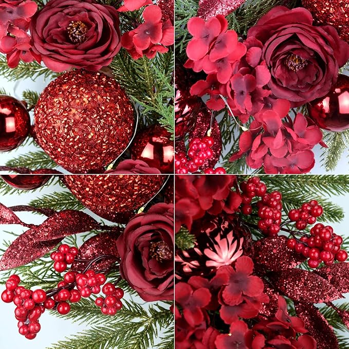 YULETIME 24" Christmas Wreath, Artificial Holiday Wreath with Baubles, Berries, Leaves, Spruce Branches, Snowy Pine Needles (Red Hydrangea)