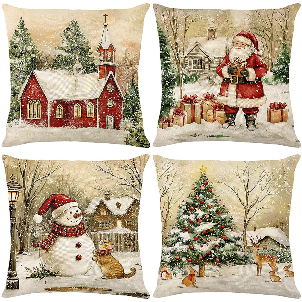 Ni-JASW Rustic Farmhouse Christmas Throw Pillow Covers 18x18 inch Set of 4, Snowy Church Santa Snowman Cushion Cases for Couch Sofa Bed Holiday Decor