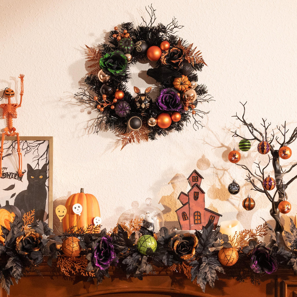 Valery Madelyn 18 Inch Halloween Wreath with Lights for Front Door, Collapsible Pre-Lit Wreath with Fake Crow Pumpkin Halloween Decorations for Home Wall Decor