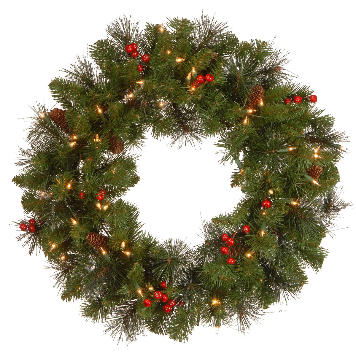 National Tree Company 24 in Pre-Lit Crestwood Spruce Artificial Christmas Wreath, Christmas Decoration with Glitter, Pinecones, Red Berries, 50 Clear Lights, 160 Tips, Green