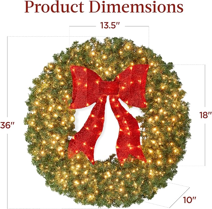 Best Choice Products 36in Large Artificial Pre-Lit Fir Christmas Wreath Holiday Accent Decoration for Door, Mantel w/Red Lighted Bow, 150 LED Lights, 300 PVC Tips, Power Plug-in