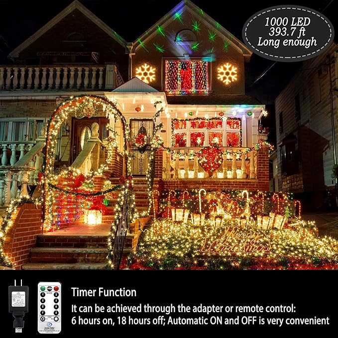 Christmas Lights Outdoor 1000 LED 396ft Super Long String Lights with 8 Modes & Timer, Plug in Twinkle Fairy Lights Decor for Home Xmas Wedding Party Room Yard Tree Holiday Decorations (Warm)
