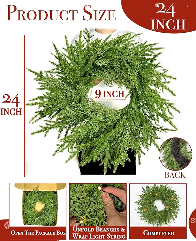 24" Prelit Christmas Wreath for Front Door, Real Touch Norfolk Pine Wreath Thick & Soft Christmas Wreaths with Light, Timer, Norfolk Pine Cypress Leaf Christmas Door Wreath for Home Wall Outdoor Decor