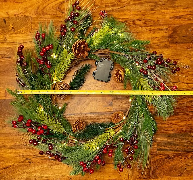 Red Co. 22” Light-Up Christmas Wreath with Pinecones & Evergreens, Battery-Operated LED Lights with Timer