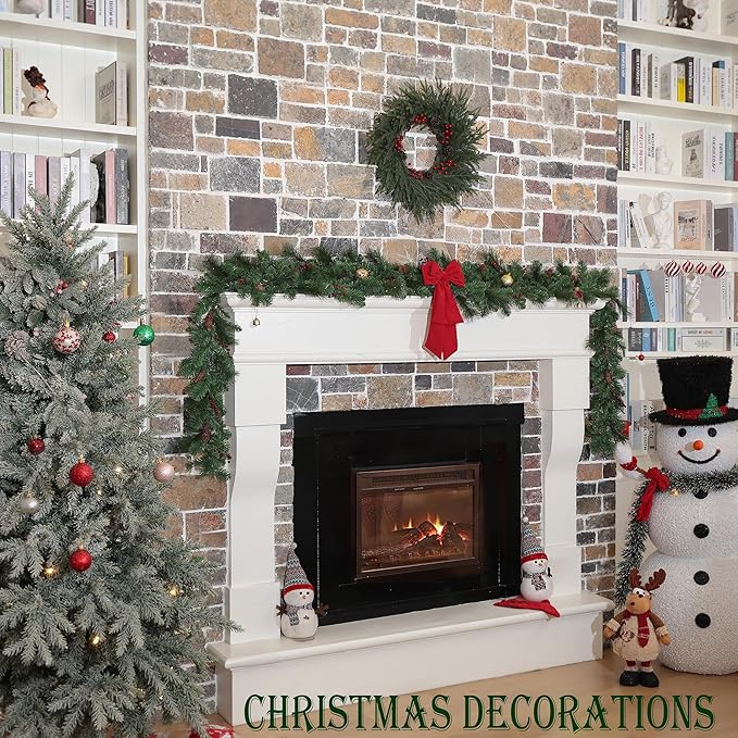 24" Artificial Christmas Wreath -Real Touch Norfolk Pine Wreath for Door,Wall,Windows,Indoor Outdoor -Christmas Wreaths for Front Door-Christmas Decorations-Holiday Decor-Free Battery LED Lights