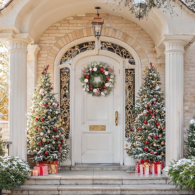Valery Madelyn 24'' Pre-Lit Christmas Wreath for Front Door with Light, Large Lighted Outdoor Christmas Wreath with Red White Xmas Ball Norfolk Pine for Home Porch Fireplace Window Holiday Decor