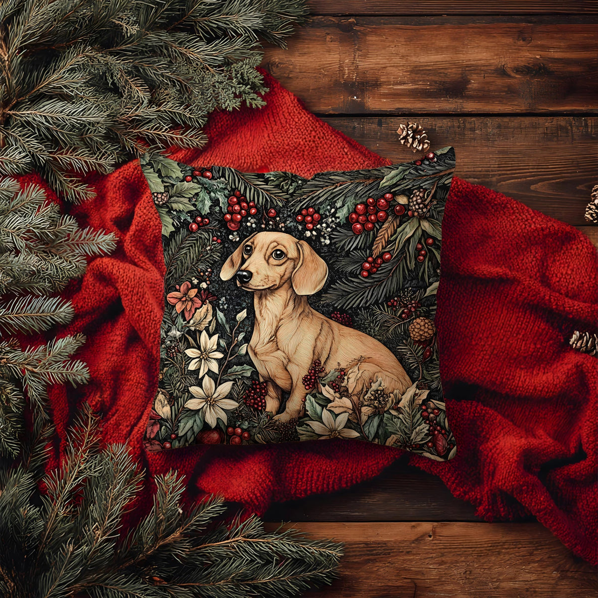 BUJSP Vintage Dachshund Christmas Pillow Cover 18x18,Rustic William Morris Inspired Dachshund Dog Christmas Animal Floral Botanical Print Decorative Throw Pillow Covers for Home Bedroom Living Room