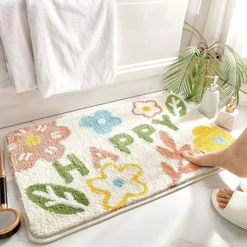 VIKAMA | Fresh Floral Imitation Cashmere Rug - Non-Slip, Absorbent Bathroom Mat/Living Room Doormat/Multi-Purpose Foot Mat