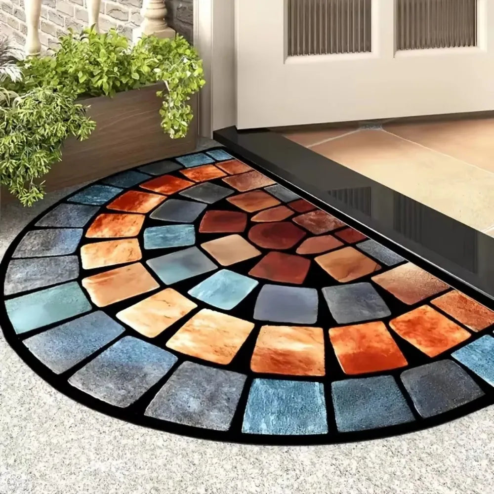 VIKAMA American Vintage Half Circle Entryway Doormat Colorful Stone Tile Mosaic Pattern Non Slip Absorbent Rug Home Decor