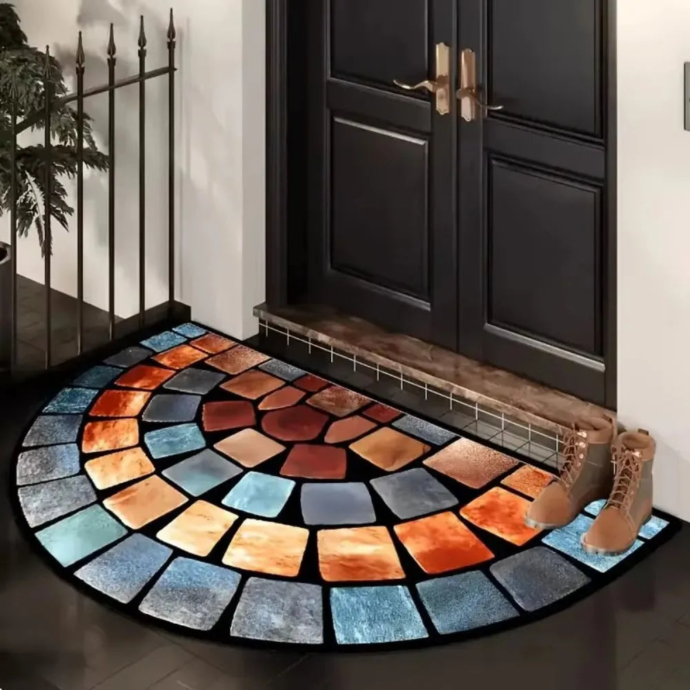 VIKAMA American Vintage Half Circle Entryway Doormat Colorful Stone Tile Mosaic Pattern Non Slip Absorbent Rug Home Decor