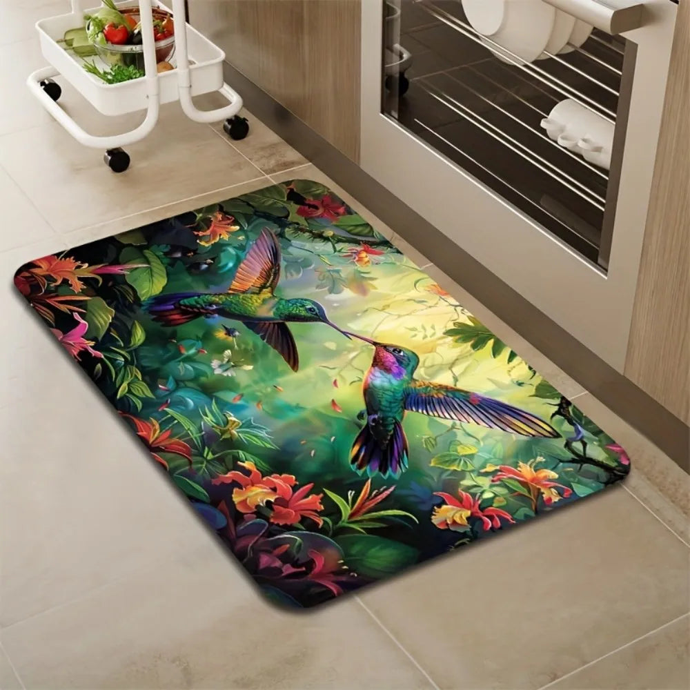 VIKAMA Spring Hummingbird Tropical Design Floor Mat, Non-Slip And Dirt-Proof, For Entrance, Bathroom, Kitchen Home Decor Carpet