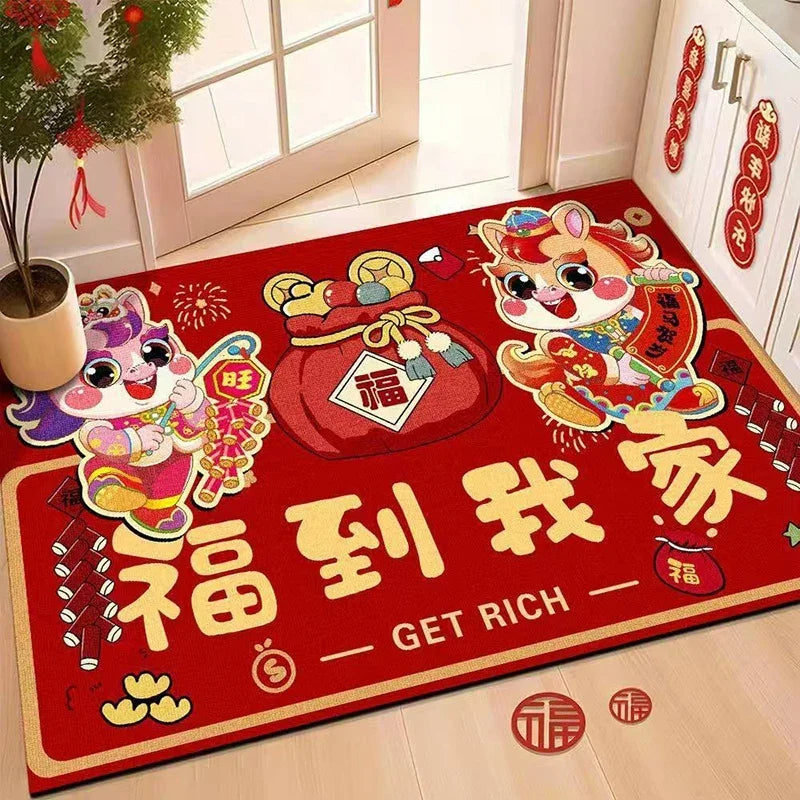 Chinese Lucky Door Mat Congratulations Get Rich Pattern Festive Red Style Perfect For Spring Festival Home Porch Indoor Decor
