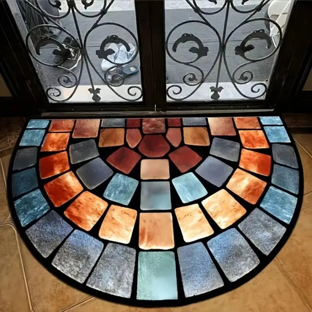 VIKAMA American Vintage Half Circle Entryway Doormat Colorful Stone Tile Mosaic Pattern Non Slip Absorbent Rug Home Decor