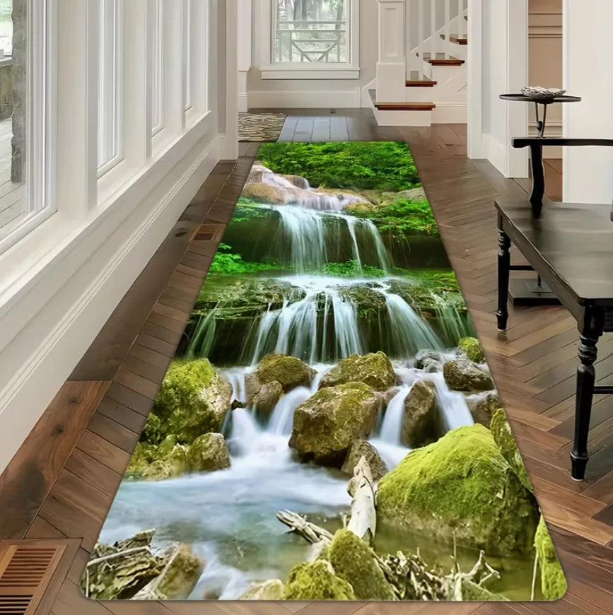 1pc Waterfall Forest Flower Printed Long Corridor Carpet Runway Doormat for Kitchens Entrances Living Rooms Home Decoration Rugs