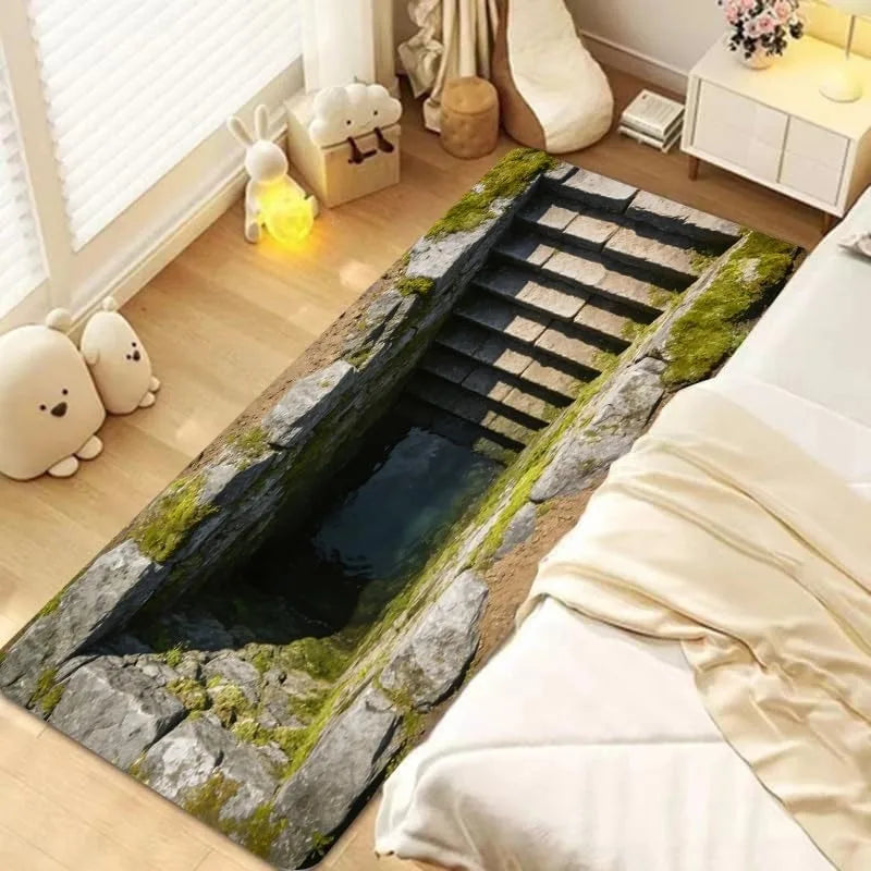 3D Optical Illusions Stone Staircase Pond Runner Rug Funny Hole Home Decor Floormat Non-Slip Soft Carpet for Hallway Living Room